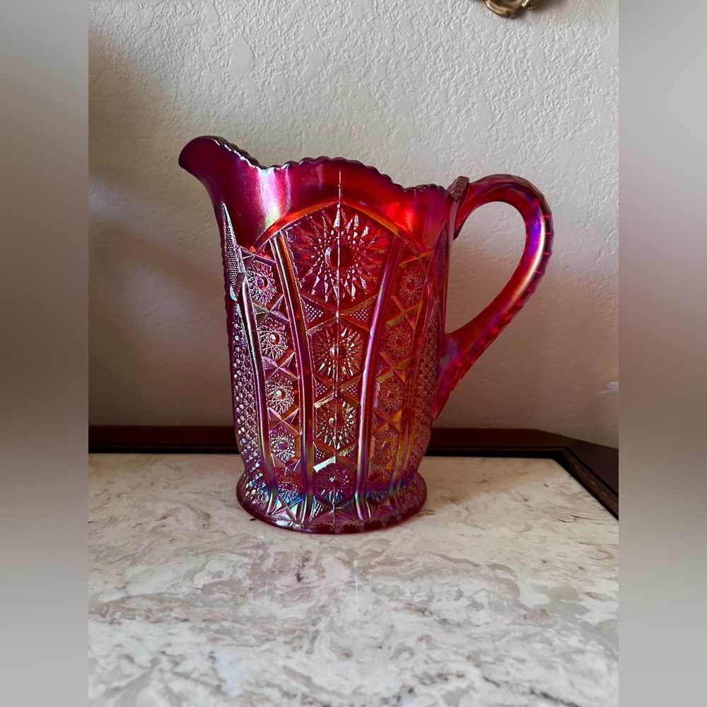 Vintage Indiana Glass Heirloom Sunset Carnival Glass Pitcher Red Orange